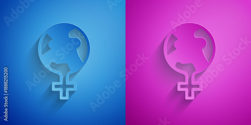 Paper cut Feminism in the world icon isolated on blue and purple background. Fight for freedom, independence, equality. Paper art style. Vector