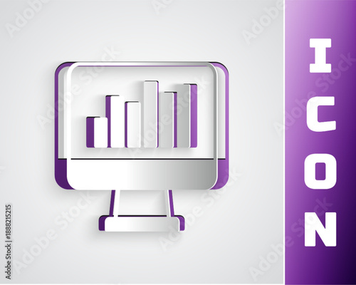 Paper cut Computer monitor with graph chart icon isolated on grey background. Report text file icon. Accounting sign. Audit, analysis, planning. Paper art style. Vector