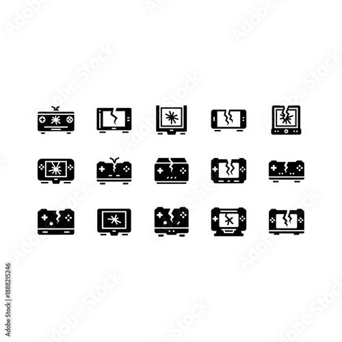 Broken screens and devices with cracks and explosions on monitors and televisions.