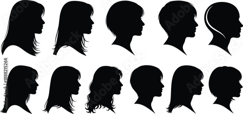 Black silhouette profiles of diverse female heads with unique hairstyles arranged in rows representing fashion, beauty, identity, diversity, and anonymity