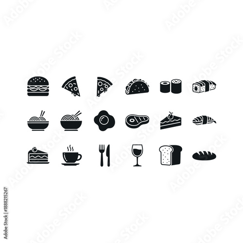 Collection of various food icons displayed in a grid on a white background, illustration style