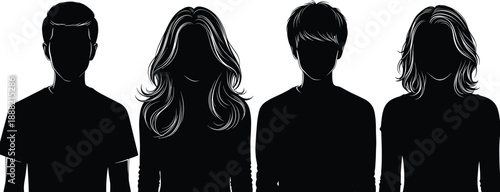 Black silhouette profiles of diverse female heads with different hairstyles arranged in rows representing fashion, beauty, identity, diversity, and anonymity