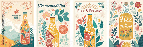 Colorful illustrations showcasing fermentation themes with floral designs.
