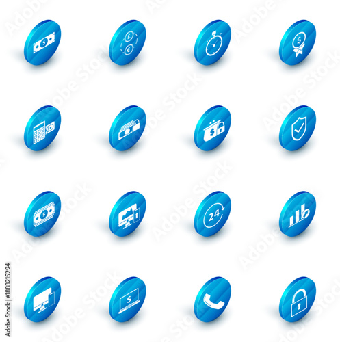 Set Money exchange, Stopwatch, Reward for good work, Calculator with dollar symbol, Stacks paper money cash, lock, Shield check mark and Closed wallet icon. Vector