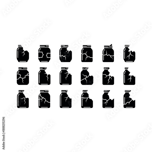 Cracked jars in a grid, broken vessels, damaged containers, cracked pottery, shattered jars, broken glassware