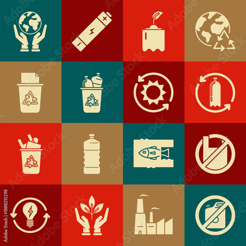 Set No canister for gasoline, Say no to plastic bags poster, Recycling bottle, Sprout, Recycle bin with recycle symbol, Human hands holding Earth globe and Solar energy panel icon. Vector