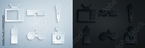 Set Gamepad, Microphone, Fitness shaker, Joystick for arcade machine, 3D cinema glasses and Television icon. Vector