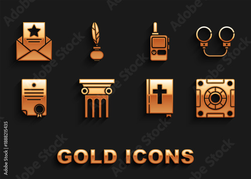 Set Law pillar, Handcuffs, Safe, Holy bible book, Certificate template, Walkie talkie, The arrest warrant and Feather inkwell icon. Vector