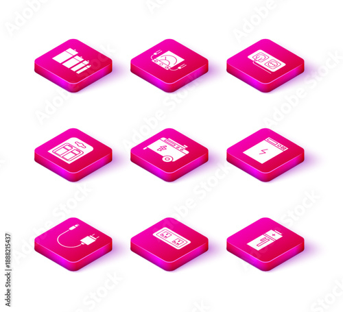 Set Charger, Electrical outlet, Battery in pack, Portable power electric generator, Power bank, and Ampere meter, multimeter, voltmeter icon. Vector