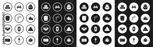 Set Maneki neko cat, Asian noodles and chopsticks, Rstaurant opened take out box filled, Sushi, Japanese tea ceremony, cutting board, and icon. Vector