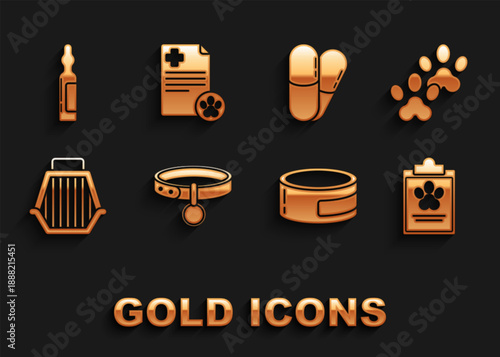 Set Collar with name tag, Paw print, Clipboard medical clinical record pet, Canned food, Pet carry case, Dog and pills, Pets vial and icon. Vector