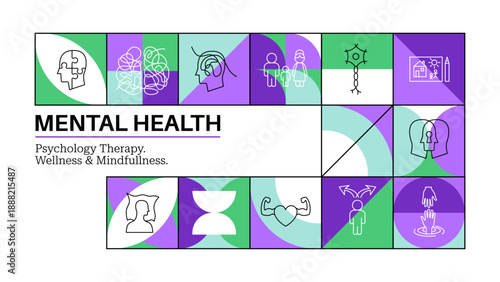 Mental Health Geometric Concept. Clean Vector Banner Illustration. Line Art Design. Minimal Outline Psychology Stress Therapy Promotion.