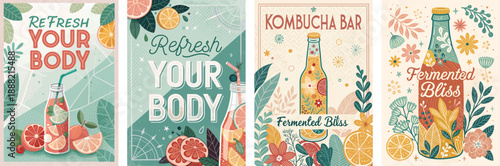 Colorful illustrations promoting kombucha with vibrant fruits and herb accents.