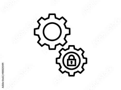A fine line icon of two gears one with a padlock symbol inside representing security settings configuration or secure process management