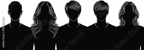 Black silhouette profiles of diverse human heads with different hairstyles arranged in row representing identity, diversity, fashion, and anonymity