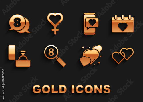 Set Search 8 March, Calendar with, Two Linked Hearts, Diamond engagement ring, Online dating app and chat, speech bubble and Female gender symbol icon. Vector