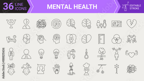 Mental Health Line Art Editable Stroke Width Icons. Vector Illustration. Minimal Outline Psychology Stress Therapy Promotion.