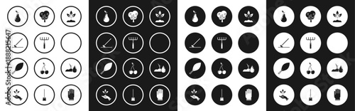 Set Plant, Garden rake, in work, Pear, Watering can with water, Tree apple, sprout and Leaf icon. Vector