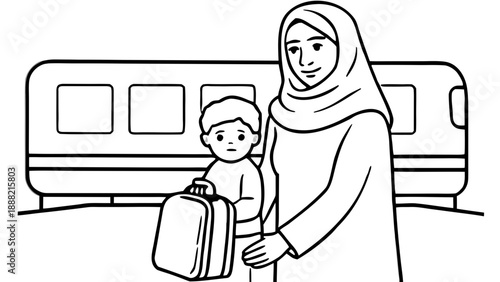 A linear illustration of a mother with a child and a suitcase against the backdrop of a train is a visual for themes of migration, refugees, evacuation, relocation, and social support for families.