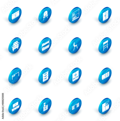 Set Dressing table, Library bookshelf, Wardrobe, Armchair, Office desk, Bunk bed, Chair and icon. Vector