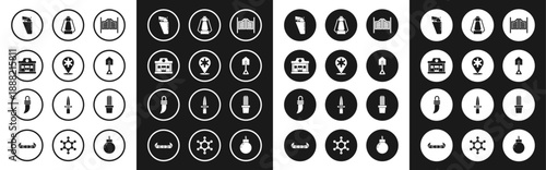 Set Saloon door, Hexagram sheriff, Wild west saloon, Revolver gun in holster, Shovel, Camping lantern, Cactus peyote pot and Tooth icon. Vector