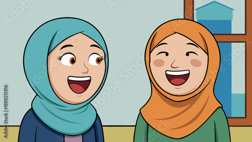 A cartoon illustration of two smiling women wearing hijabs, chatting in a cozy setting. Concepts of friendship, communication, joy, and culture in a flat style.