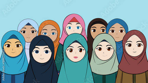 Muslim Women Diversity Portrait Set in Hijab Flat Vector Illustration