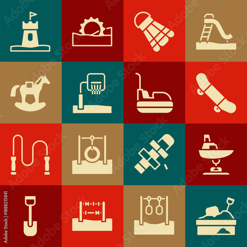 Set Sandbox with sand, Swing boat, Skateboard trick, Badminton shuttlecock, Basketball backboard, Horse saddle swing, tower and Bumper car icon. Vector