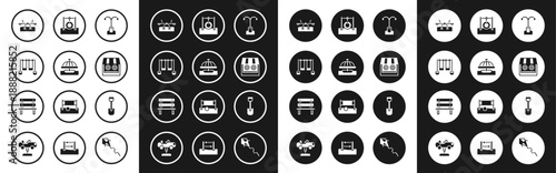 Set Street light, Attraction carousel, Double swing, Seesaw, Shooting gallery, Car tire hanging rope, Shovel toy and Bench icon. Vector