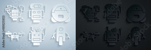 Set Broken robot, Robot vacuum cleaner, Drone, low battery charge and icon. Vector