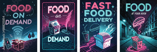 Colorful neon illustrations of food delivery concepts in a modern, urban setting.