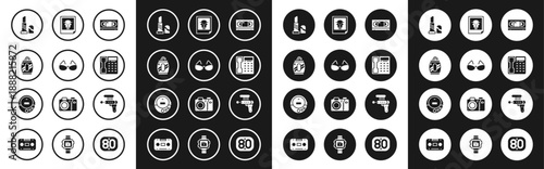 Set VHS video cassette tape, Glasses, Soda can with straw, Lipstick, Telephone handset, Photo, Ray gun and Music CD player icon. Vector