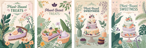 Colorful plant-based treats and cakes displayed amidst botanical illustrations.