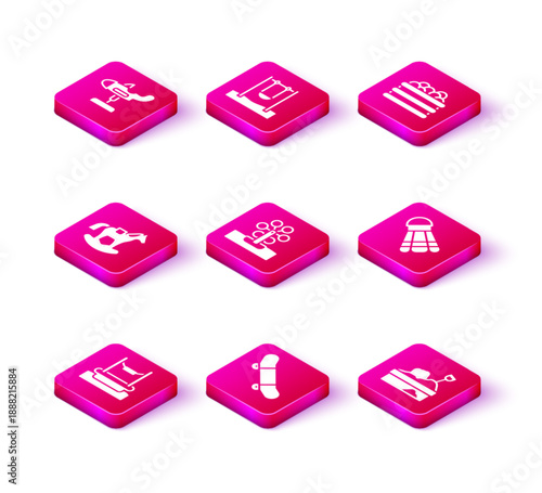 Set Bungee, Skateboard trick, Horse in saddle swing, Ferris wheel, Sandbox with sand, Badminton shuttlecock, Pool balls and Swing icon. Vector