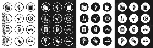 Set Calculator, Electric bass guitar, Lipstick, Telephone handset, 90s Retro, Wrist watch, Gamepad and Cassette tape player icon. Vector