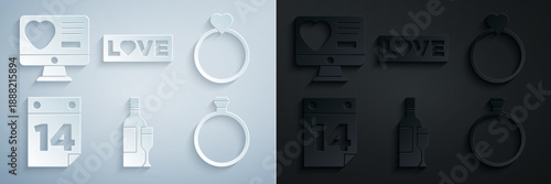 Set Champagne bottle, Wedding rings, Calendar with February 14, Diamond engagement, Love text and Dating app online icon. Vector