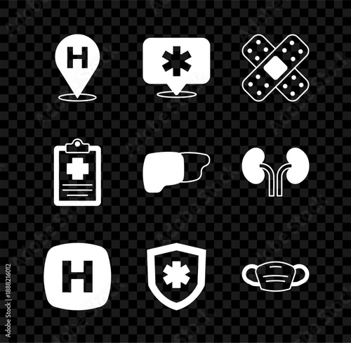 Set Location hospital, Crossed bandage plaster, Hospital signboard, Life insurance, Medical protective mask, Patient record and Human organ liver icon. Vector