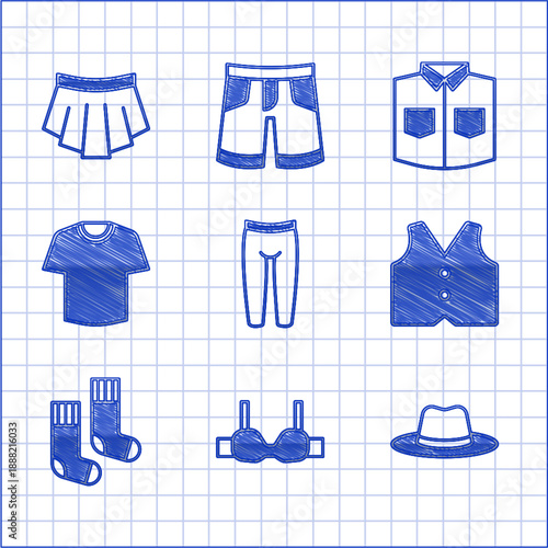 Set Leggings, Bra, Man hat, Waistcoat, Socks, T-shirt, Shirt and Skirt icon. Vector