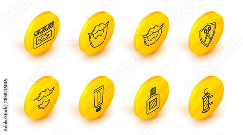 Set line Classic Barber shop pole, Aftershave, Cream or lotion cosmetic tube, Mustache and beard, Scissors hairdresser shield, and jar icon. Vector