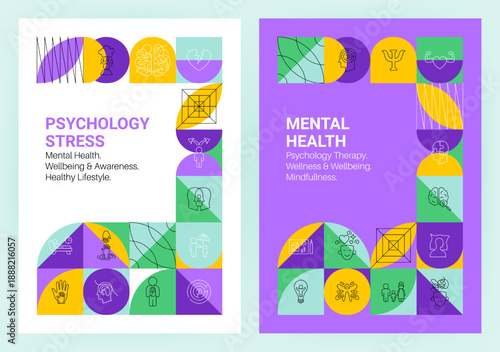 Mental Health Geometrical Concept Posters. Modern Vector Web Banner Illustration Line Art Design. Psychology Therapy Stress Promotion.