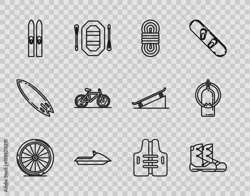 Set line Bicycle wheel, Boots, Climber rope, Jet ski, Ski and sticks, Life jacket and Aqualung icon. Vector