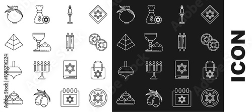 Set line Jewish coin, Shopping bag with star of david, Burning candle candlestick, goblet hanukkah sufganiyot, Egypt pyramids, Pomegranate and Torah scroll icon. Vector