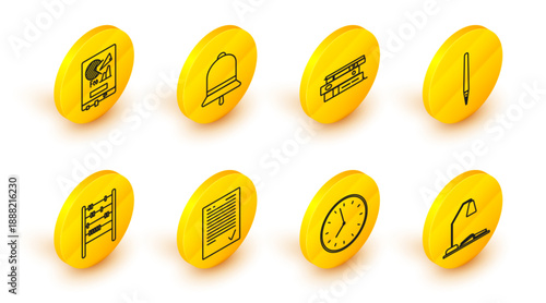 Set line Workplace with table lamp and open book, Clock, Exam sheet check mark, Abacus, Pen, Office folders papers documents, Ringing bell and Board graph chart icon. Vector