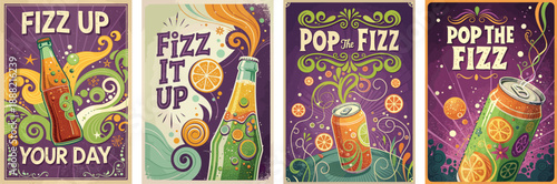 Colorful retro soda artwork series featuring bubbly drinks and fruits.