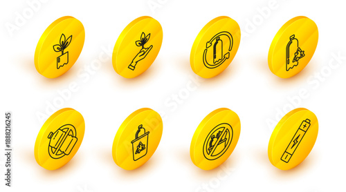 Set line Battery, No trash, Recycle bin with recycle symbol, plastic bottle, Recycling, Plant hand of environmental protection and icon. Vector