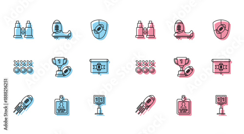 Set line American Football ball, Binoculars, Sport football mechanical scoreboard and result display, Award cup, on tv program, Planning strategy concept and Soccer shoes with spikes icon. Vector