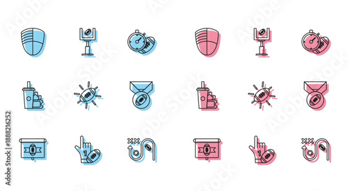 Set line American football on tv program, Football club logo template, Planning strategy concept, medal, ticket paper glass soda drinking straw and goal post icon. Vector