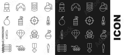 Set line Military knife, Hand grenade, dog tag, rank, Bomb ready to explode, Aviation bomb and Target sport for shooting competition icon. Vector