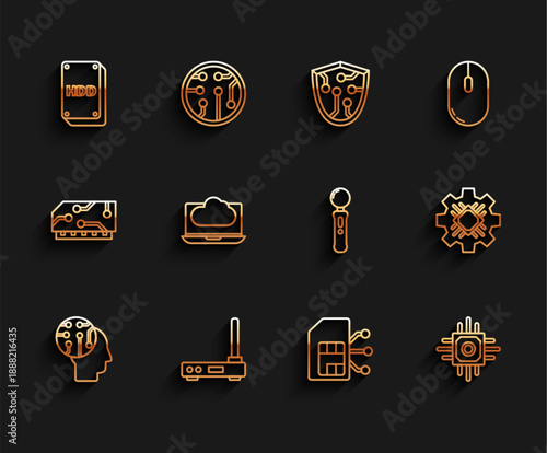 Set line Human brain as digital circuit board, Router and wi-fi signal, Hard disk drive HDD, Sim card, Processor, Cloud technology data transfer storage, and Gamepad icon. Vector
