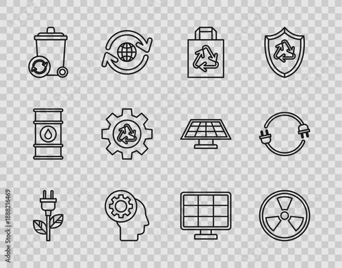 Set line Electric saving plug in leaf, Radioactive, Paper shopping bag with recycle, Human head gear inside, Recycle bin symbol, and, Solar energy panel and icon. Vector